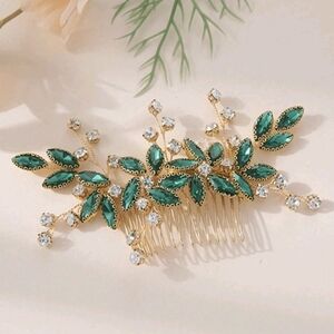 Bridal Hair Comb Green Emerald Golden Leaf Wedding Rhinestone Hair Comb